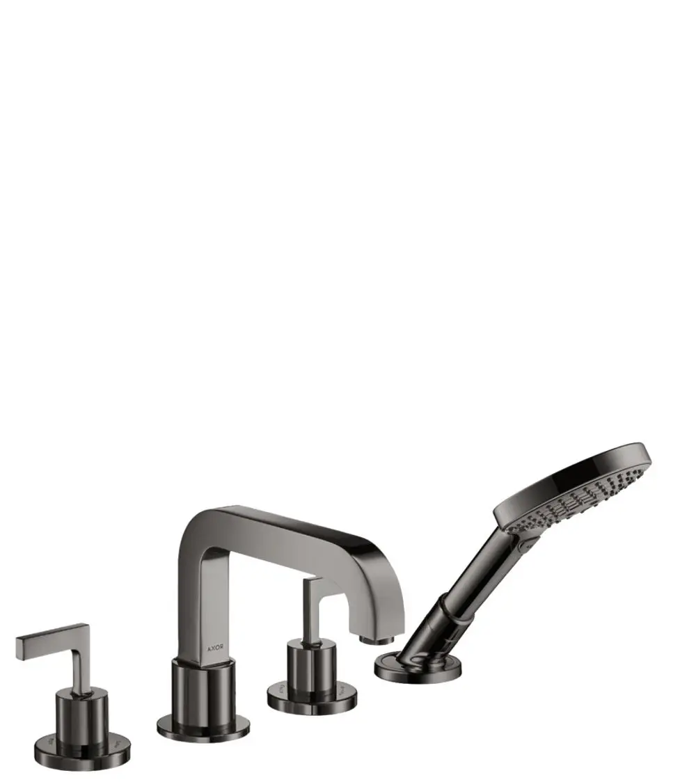 Mehrteilige Wannenrandarmatur in Polished Black Chrome von AXOR, bestehend aus einem Wasserhahn und drei Bedienelementen mit Hebelgriffen.